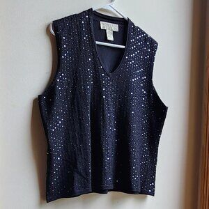 Norton McNaughton Black Silk Sequin V-Neck Sleeveless Knit Shell Sweater Size XL